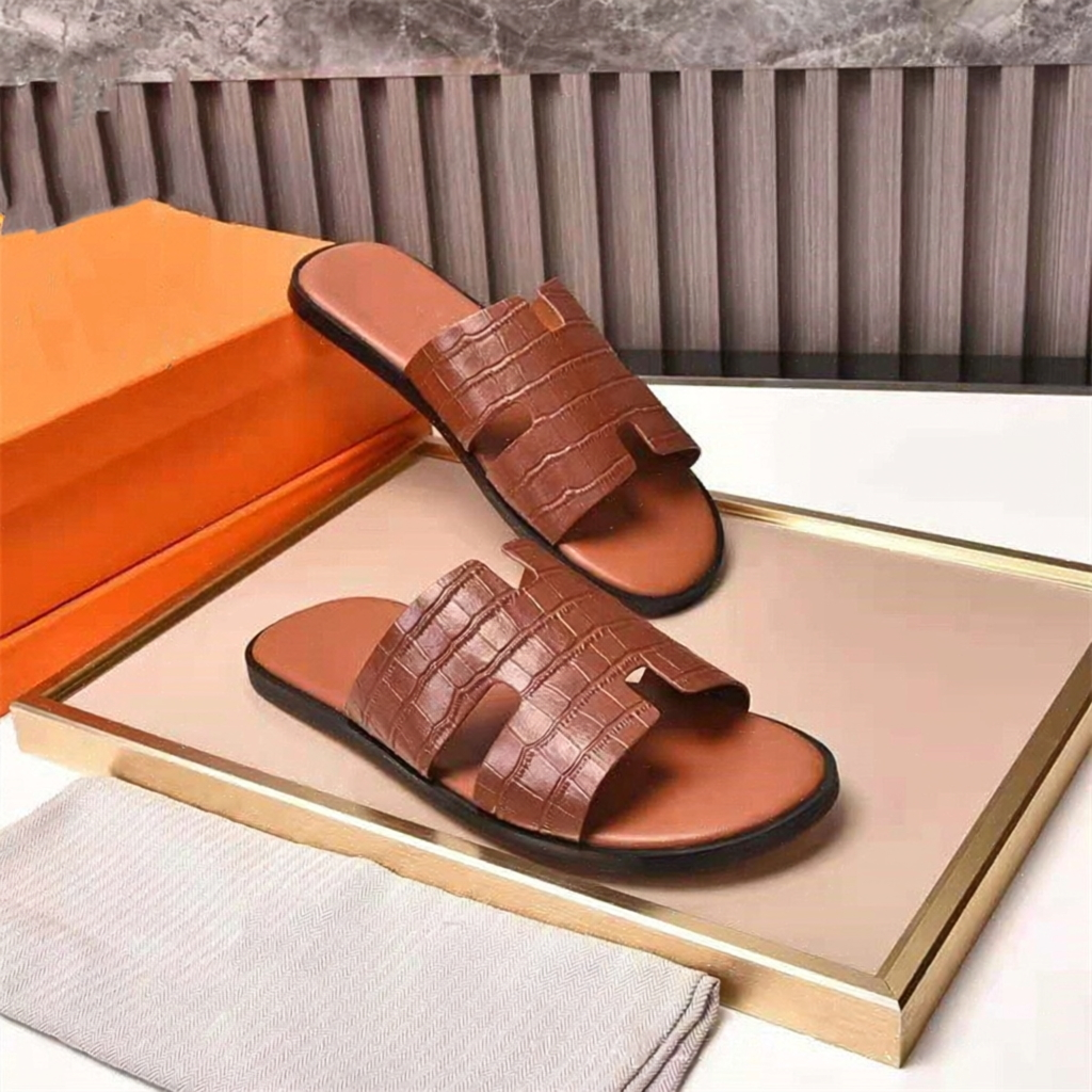 Men's H-Shaped Slides & Flat Leather Loafers, Casual Open-Toe Slip-On Slippers