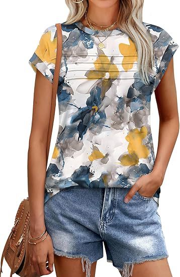 Spot 2025 Amazon Cross-Border Export Women's T-Shirt Casual Summer New Pleated Top Round Neck Short Sleeves
